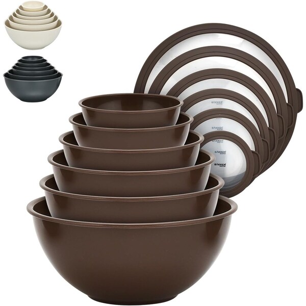 Bakkenmaster Bakken Master 12 Piece Plastic Nesting Bowls with Lids, Mixing Bowls Set includes 6 Prep Bowls - BKMX12BR22