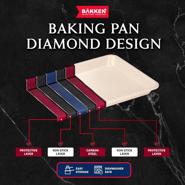 Bakken- Swiss BAKKEN Kitchen Nonstick Cookie Pans, Set of 3, S/M/L, PFOA-Free, Oven Safe, 450 DegF, White Marble - BKDD3P55