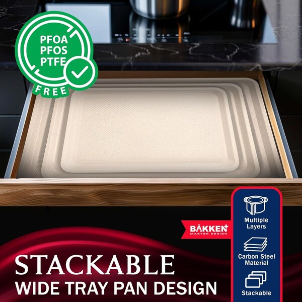 Bakken- Swiss BAKKEN Kitchen Nonstick Cookie Pans, Set of 3, S/M/L, PFOA-Free, Oven Safe, 450 DegF, White Marble - BKDD3P55
