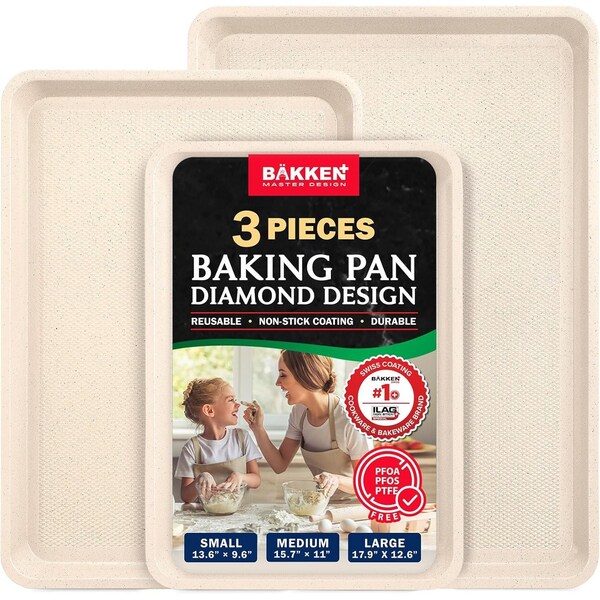 Bakken- Swiss BAKKEN Kitchen Nonstick Cookie Pans, Set of 3, S/M/L, PFOA-Free, Oven Safe, 450 DegF, White Marble - BKDD3P55