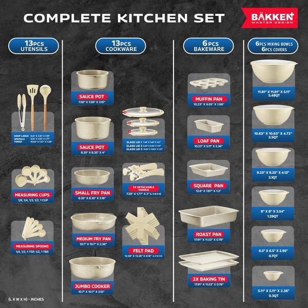 Bakkenmaster Bakken Master 38 Piece Granite Cookware and Bakeware Set, Nonstick Granite Coating - BKCWSTK38WHT