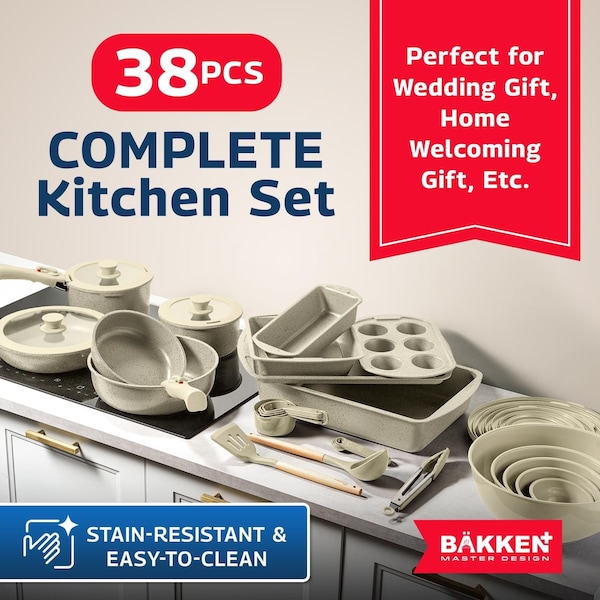 Bakkenmaster Bakken Master 38 Piece Granite Cookware and Bakeware Set, Nonstick Granite Coating - BKCWSTK38WHT