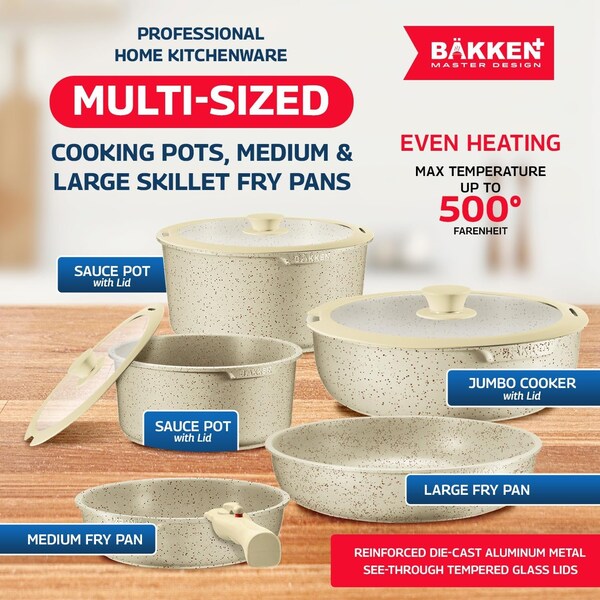Bakkenmaster Bakken Master 38 Piece Granite Cookware and Bakeware Set, Nonstick Granite Coating - BKCWSTK38WHT