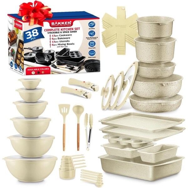 Bakkenmaster Bakken Master 38 Piece Granite Cookware and Bakeware Set, Nonstick Granite Coating - BKCWSTK38WHT