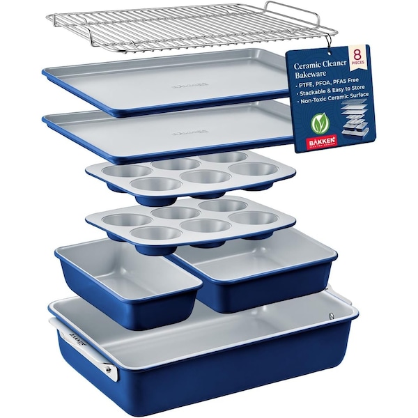 Bakken-Swiss Bakken 8-Piece Stackable Bakeware Set, Ceramic Non-Stick, PTFE, PFOA and PFOS Free, Oven-Safe - BKCRSTBKBUL