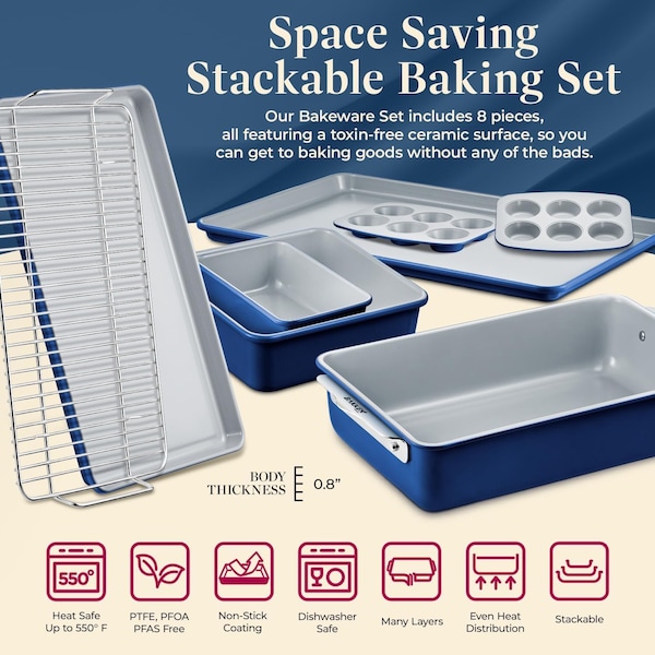 Bakken-Swiss Bakken 8-Piece Stackable Bakeware Set, Ceramic Non-Stick, PTFE, PFOA and PFOS Free, Oven-Safe - BKCRSTBKBUL