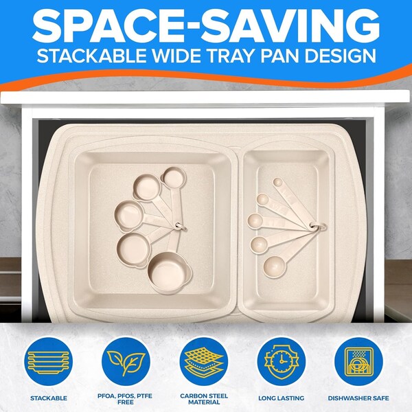 Emporio Kitchen Stackable Baking Pan Set, Deluxe Nonstick White Marble Coating, Carbon Steel Bakeware Sets - EMPSTK1123