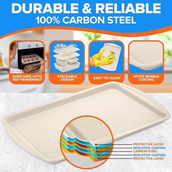 Emporio Kitchen Stackable Baking Pan Set, Deluxe Nonstick White Marble Coating, Carbon Steel Bakeware Sets - EMPSTK1123