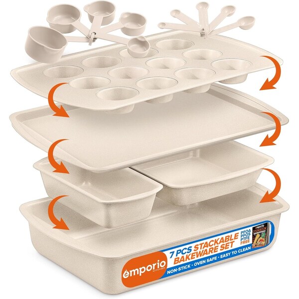 Emporio Kitchen Stackable Baking Pan Set, Deluxe Nonstick White Marble Coating, Carbon Steel Bakeware Sets - EMPSTK1123