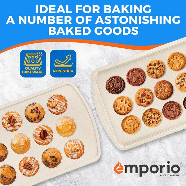 Emporio Kitchen Stackable Baking Pan Set, Deluxe Nonstick White Marble Coating, Carbon Steel Bakeware Sets - EMPSTK1123