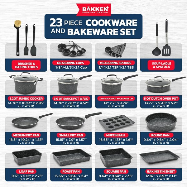 Bakken- Swiss Kitchen Cookware Set, Nonstick Coating, Pots and Pans Set with Handle Grips and Tempered Glass Lids - BKCWGRY23MAR