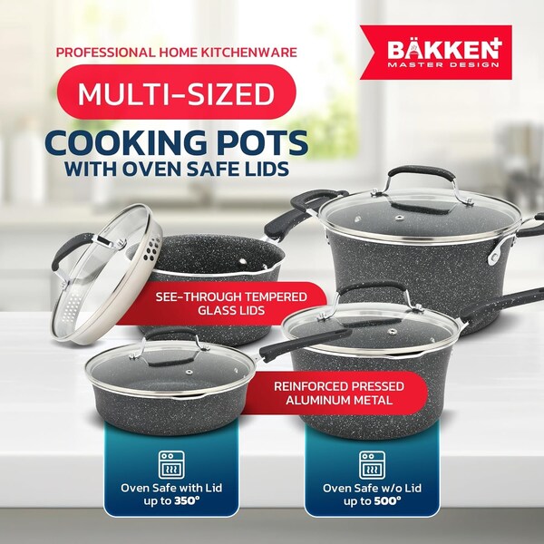Bakken- Swiss Kitchen Cookware Set, Nonstick Coating, Pots and Pans Set with Handle Grips and Tempered Glass Lids - BKCWGRY23MAR