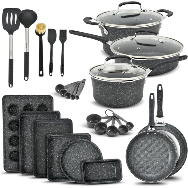 Bakken- Swiss Kitchen Cookware Set, Nonstick Coating, Pots and Pans Set with Handle Grips and Tempered Glass Lids - BKCWGRY23MAR