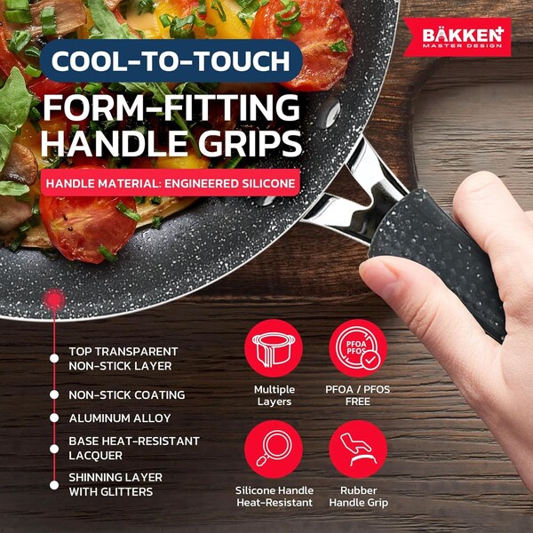 Bakken- Swiss Kitchen Cookware Set, Nonstick Coating, Pots and Pans Set with Handle Grips and Tempered Glass Lids - BKCWGRY23MAR