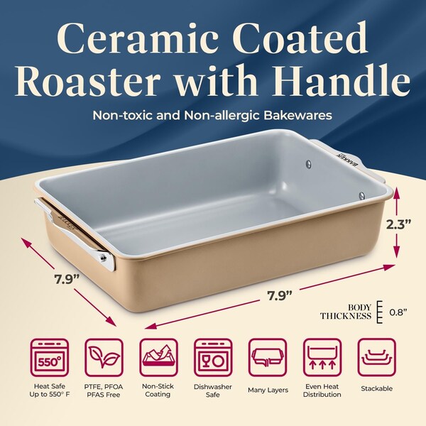 Bakken-Swiss Blue Roaster Pan, Aluminized Steel, Ceramic Non-Stick, PFOA and PFAS Free, Non-Toxic, Heavy-Duty - SBKCRSTBKGLDROS