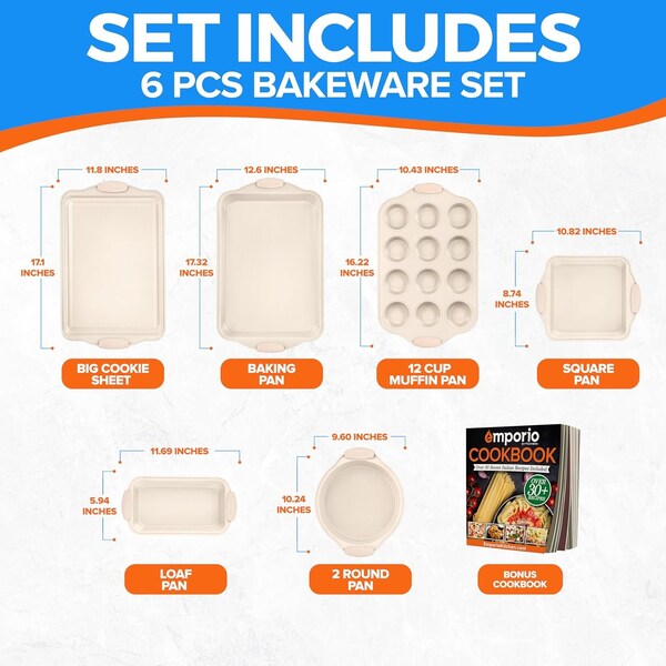 Emporio Kitchen Baking Pan Set, Oven Safe Tray, Up To 450 Deg F, White, 6PK - EMPKW44H