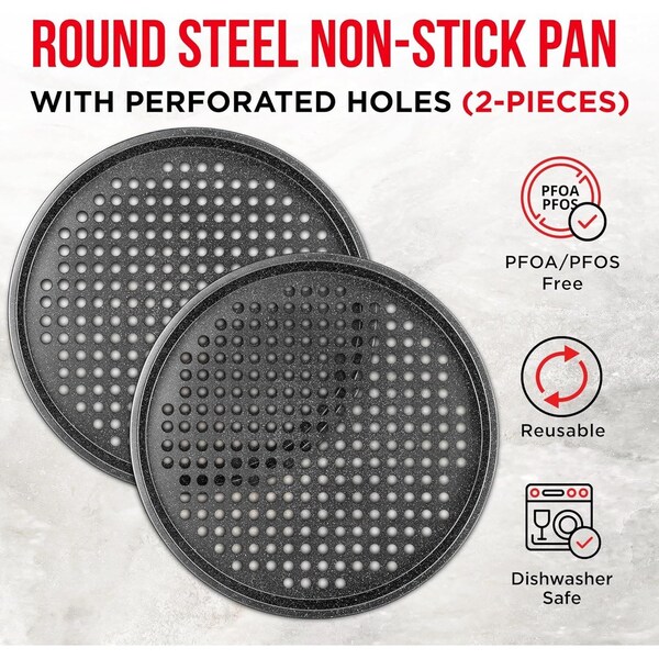 Bakken- Swiss BAKKEN Pizza Pan, Round Perforated, Nonstick Marble Coating, Dishwasher Safe, Gray, 2PK - BAKPIZ22GRM