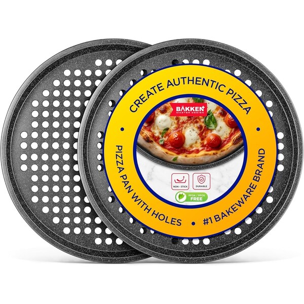 Bakken- Swiss BAKKEN Pizza Pan, Round Perforated, Nonstick Marble Coating, Dishwasher Safe, Gray, 2PK - BAKPIZ22GRM