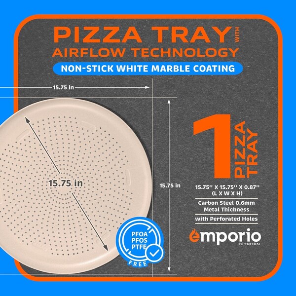 Emporio Kitchen Pizza Baking Pan, 15.75-Inch Round Perforated Carbon Steel Tray with Non-Stick Gray Marble Coating - EMPPIZ0165