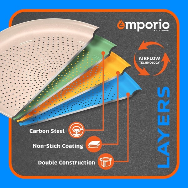 Emporio Kitchen Pizza Baking Pan, 15.75-Inch Round Perforated Carbon Steel Tray with Non-Stick Gray Marble Coating - EMPPIZ0165