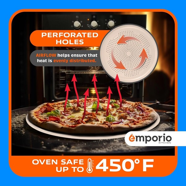 Emporio Kitchen Pizza Baking Pan, 15.75-Inch Round Perforated Carbon Steel Tray with Non-Stick Gray Marble Coating - EMPPIZ0165