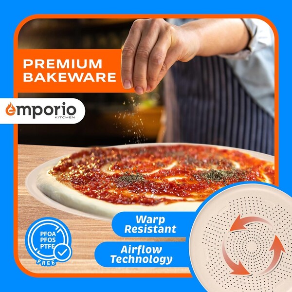Emporio Kitchen Pizza Baking Pan, 15.75-Inch Round Perforated Carbon Steel Tray with Non-Stick Gray Marble Coating - EMPPIZ0165