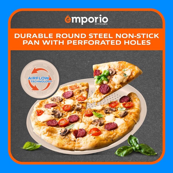 Emporio Kitchen Pizza Baking Pan, 15.75-Inch Round Perforated Carbon Steel Tray with Non-Stick Gray Marble Coating - EMPPIZ0165