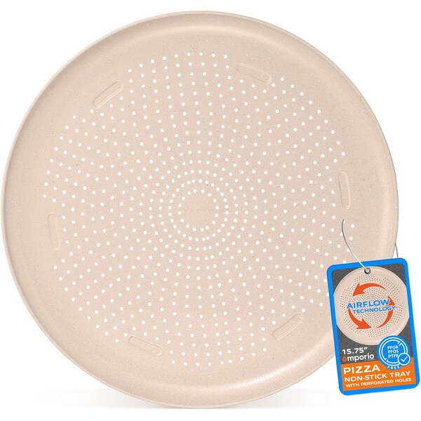 Emporio Kitchen Pizza Baking Pan, 15.75-Inch Round Perforated Carbon Steel Tray with Non-Stick Gray Marble Coating - EMPPIZ0165
