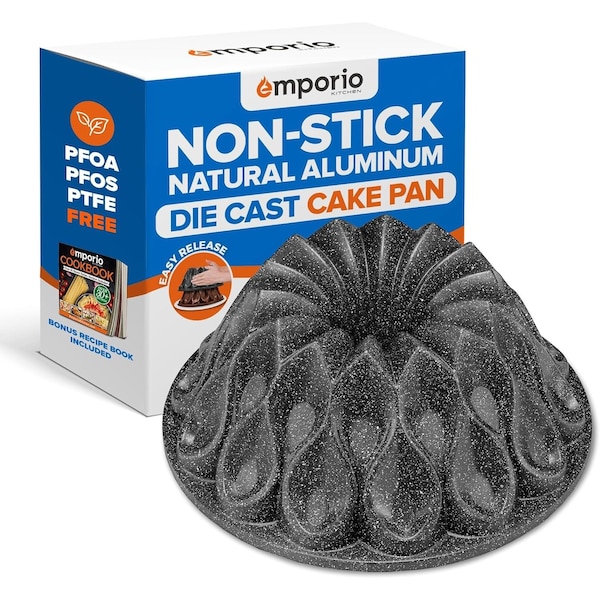 Emporio Kitchen Baking Pan Two-Layered Nonstick Gray Marble Coating Al. Fluted Cake Pans Oven Safe Up To 450 DegF - EMPKBTP146