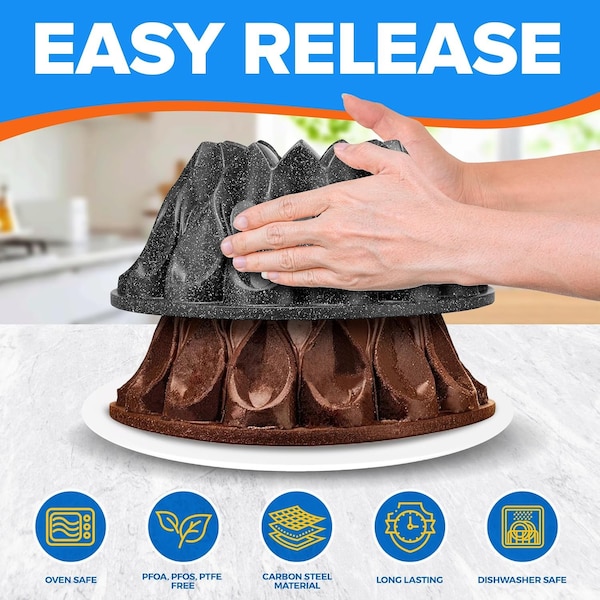Emporio Kitchen Baking Pan Two-Layered Nonstick Gray Marble Coating Al. Fluted Cake Pans Oven Safe Up To 450 DegF - EMPKBTP146