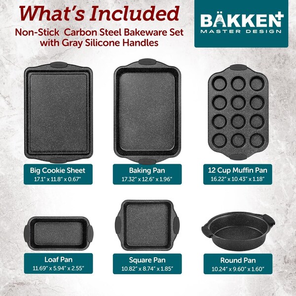 Bakken-Swiss 6-Piece Nonstick Gray Marble Bakeware Set, Carbon Steel, Silicone Handles, Oven and Freezer Safe - BKBSGRYMAR6