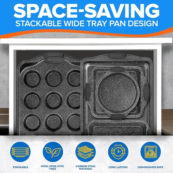Emporio Kitchen Baking Pan Set, Oven Safe Tray, Up To 450 Deg F, Black, 6PK - EMPKBK066