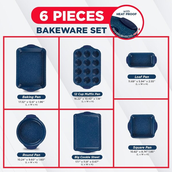 Bakkenamster BAKKEN Kitchen Baking Pan Set, Oven Safe Tray, Up To 450 Deg F, 6PK - BKBSBLUE6