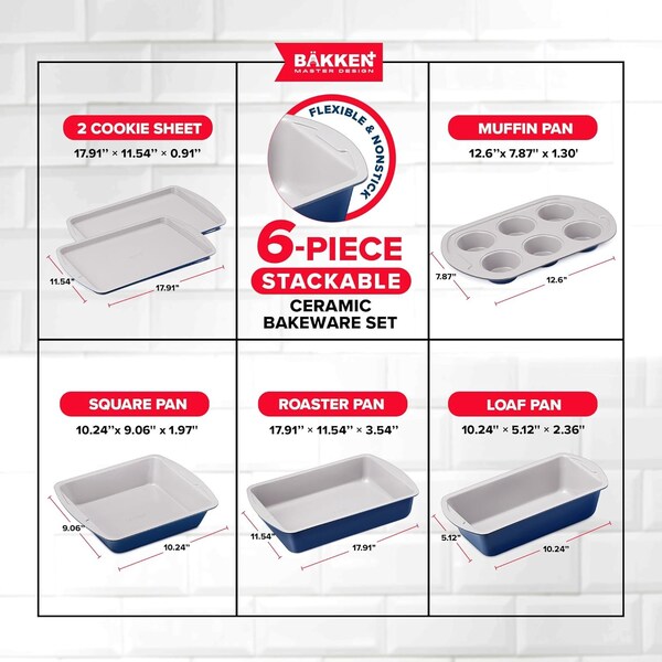 Bakken- Swiss BAKKEN 6-Piece Nonstick Bakeware Set, Carbon Steel, Blue and Gray, PFOA-Free, Oven Safe, 450 DegF - BAKDIERBLUE