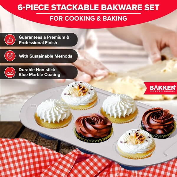 Bakken- Swiss BAKKEN 6-Piece Nonstick Bakeware Set, Carbon Steel, Blue and Gray, PFOA-Free, Oven Safe, 450 DegF - BAKDIERBLUE