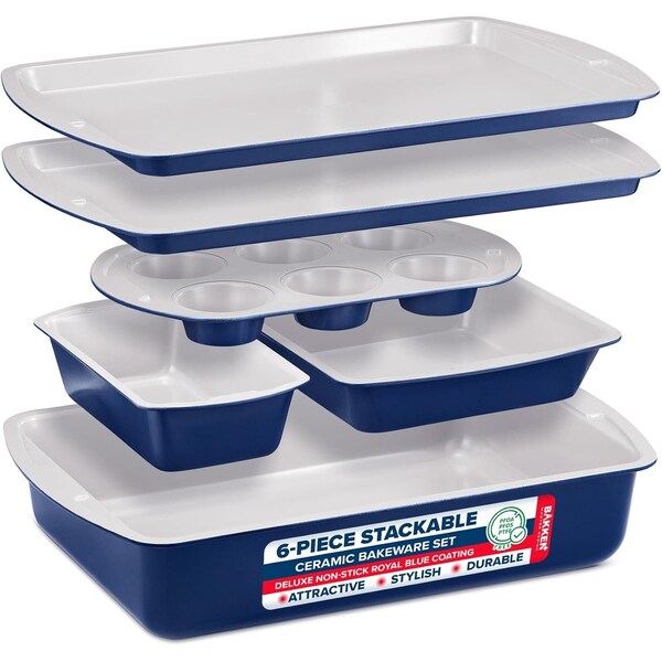 Bakken- Swiss BAKKEN 6-Piece Nonstick Bakeware Set, Carbon Steel, Blue and Gray, PFOA-Free, Oven Safe, 450 DegF - BAKDIERBLUE