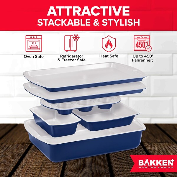 Bakken- Swiss BAKKEN 6-Piece Nonstick Bakeware Set, Carbon Steel, Blue and Gray, PFOA-Free, Oven Safe, 450 DegF - BAKDIERBLUE