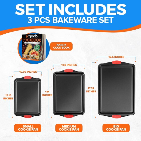 Emporio Kitchen Baking Pan Set, Oven Safe Tray, Up To 450 Deg F, Black, 3PK - EMPKBK033