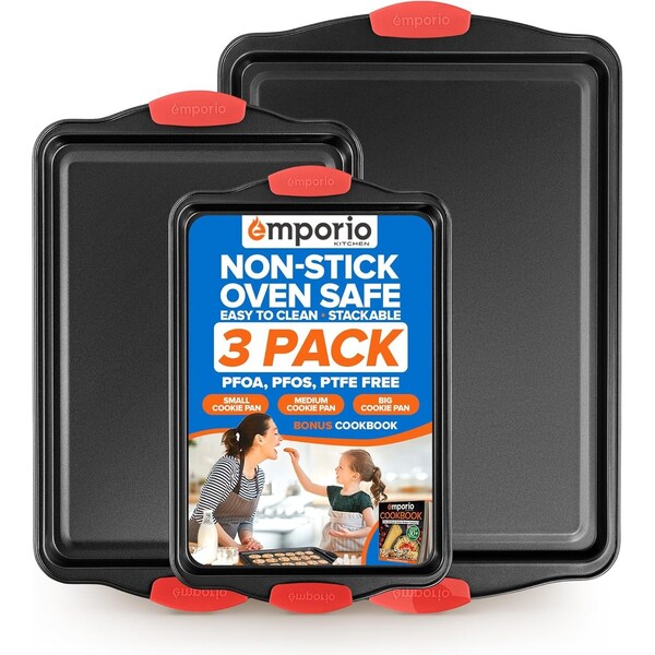 Emporio Kitchen Baking Pan Set, Oven Safe Tray, Up To 450 Deg F, Black, 3PK - EMPKBK033