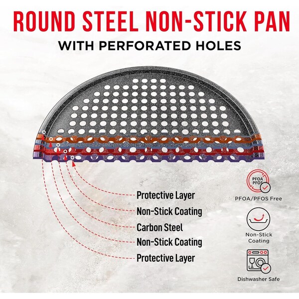 Bakken- Swiss BAKKEN Pizza Pan, Round Perforated, Nonstick Marble Coating, Dishwasher Safe, Gray - BAKPIZ11GRM
