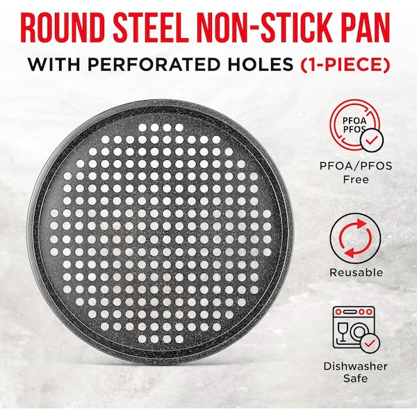 Bakken- Swiss BAKKEN Pizza Pan, Round Perforated, Nonstick Marble Coating, Dishwasher Safe, Gray - BAKPIZ11GRM