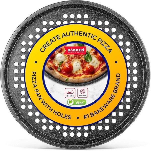 Bakken- Swiss BAKKEN Pizza Pan, Round Perforated, Nonstick Marble Coating, Dishwasher Safe, Gray - BAKPIZ11GRM