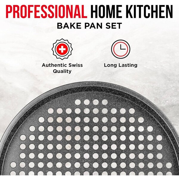 Bakken- Swiss BAKKEN Pizza Pan, Round Perforated, Nonstick Marble Coating, Dishwasher Safe, Gray - BAKPIZ11GRM