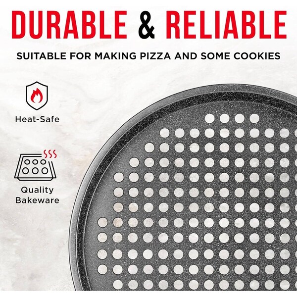 Bakken- Swiss BAKKEN Pizza Pan, Round Perforated, Nonstick Marble Coating, Dishwasher Safe, Gray - BAKPIZ11GRM
