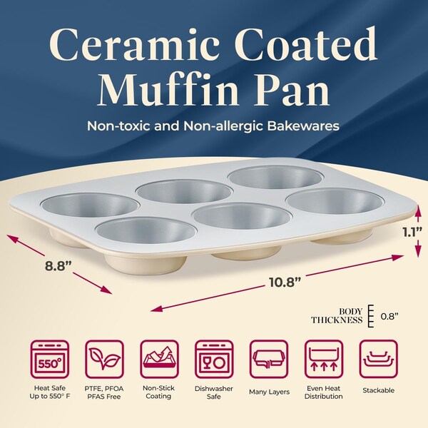 Bakken-Swiss 6-Cup Cake/Muffin Pan Set, Blue, Teal, Marble, Golden, Cream, Aluminized Steel, Non-Toxic - SBKCRSTBKCRMMUF