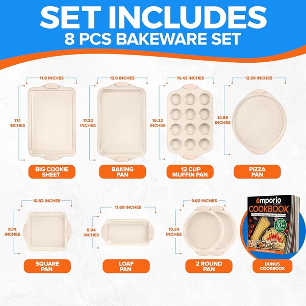 Emporio Kitchen Baking Pan Set, Oven Safe Tray, Up To 450 Deg F, White, 8PK - EMPKW88H