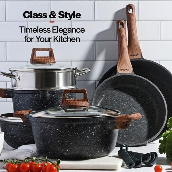 Bakken-Swiss 14-Piece Cookware Set, Granite Non-Stick, Eco-Friendly, Oven-Safe, Marble Coating - BKCAS14MARB