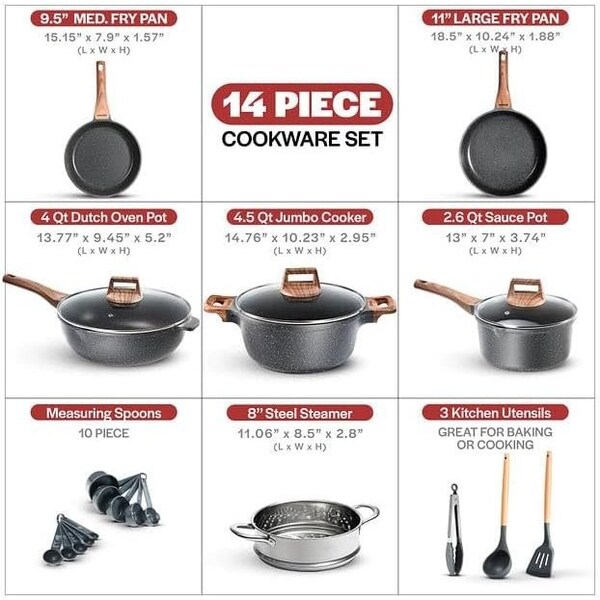 Bakken-Swiss 14-Piece Cookware Set, Granite Non-Stick, Eco-Friendly, Oven-Safe, Marble Coating - BKCAS14MARB
