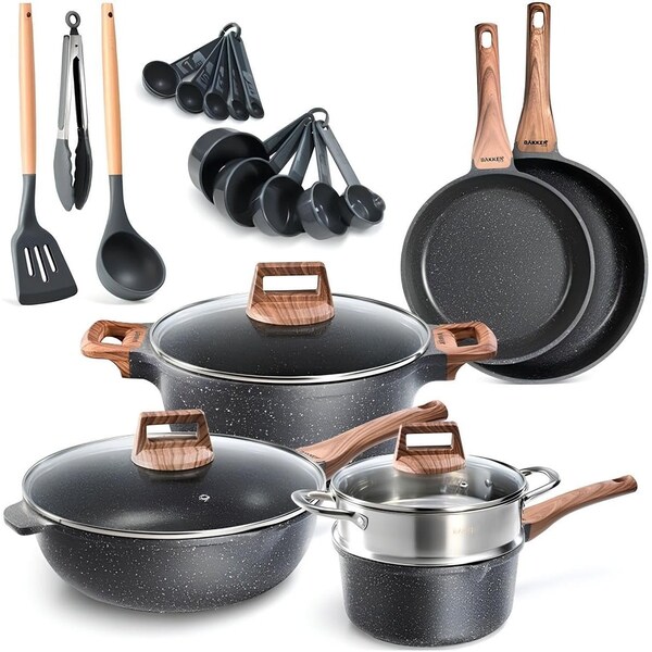 Bakken-Swiss 14-Piece Cookware Set, Granite Non-Stick, Eco-Friendly, Oven-Safe, Marble Coating - BKCAS14MARB