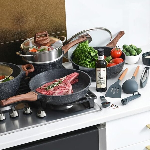 Bakken-Swiss 14-Piece Cookware Set, Granite Non-Stick, Eco-Friendly, Oven-Safe, Marble Coating - BKCAS14MARB